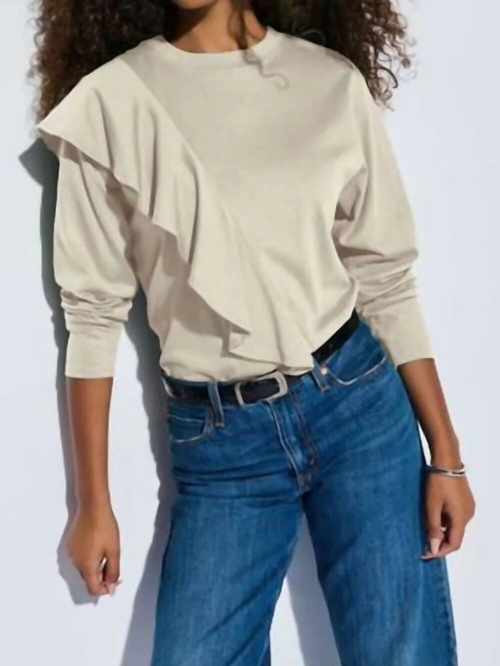 Nation Farrah cream beige draped ruffle long sleeve knit top NWT